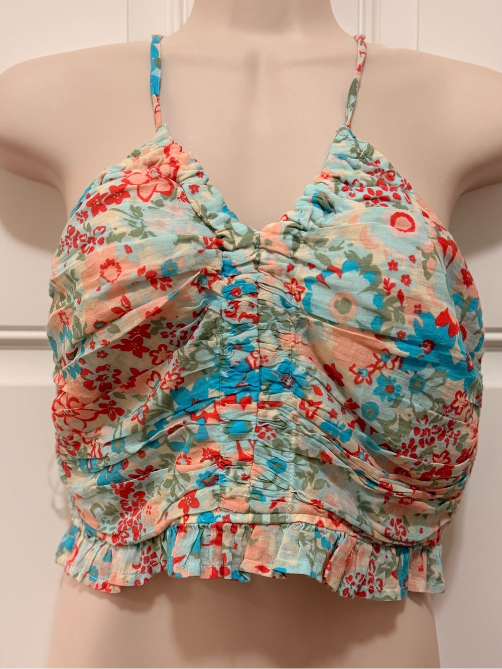 NWT American Eagle Floral Halter Tie Neck Crop Top Elastic Back- Floral Multi, S